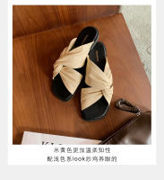 Zapatillas de las mujeres de verano pliegues retorcido fondo plano exterior desgaste sandalias versátil cabeza cuadrada nube media arrastre - details 8
