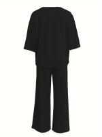 Conjunto de pantalones de pierna ancha holgados informales con manga de murciélago y cuello de 2025V para mujer - details 3