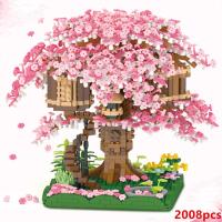Bloques de construcción para niños, casa del árbol, juguete de ladrillos, tren, flor de cerezo, color rosa, modelo - details 6