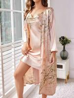 Conjunto de traje casual floral de satén de seda, bata con cinturilla, pijama, conjunto de ropa de dormir de dos piezas para todas las estaciones - details 37