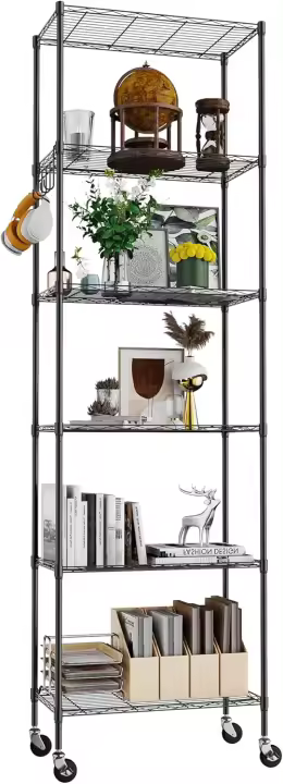 Estantería de Alambre de 6 Niveles con Ruedas Altura Ajustable, Resistente, Gancho para Baño, Cocina, Garaje, Dormitorio Plateado - 1