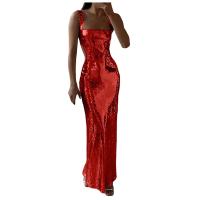 Vestido Maxi de Noche Formal para Mujer Cuello Cuadrado, Manga Ajustada, Brillo de Sequins Plateados Ideal para Fiestas - details 2