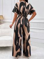 Mono con estampado de cuello en V para mujer, pantalones de pierna ancha informales, manga de murciélago, trajes de una pieza - details 3