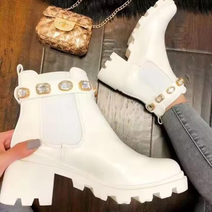 Botas de suela gruesa de cuero de lujo para mujer, tacones altos hasta el tobillo de diseñador brillante con hebilla de metal a la moda - 1