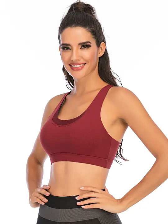 Tops cortos de manga corta para mujer, Camiseta deportiva de Yoga, color rojo vino - 1