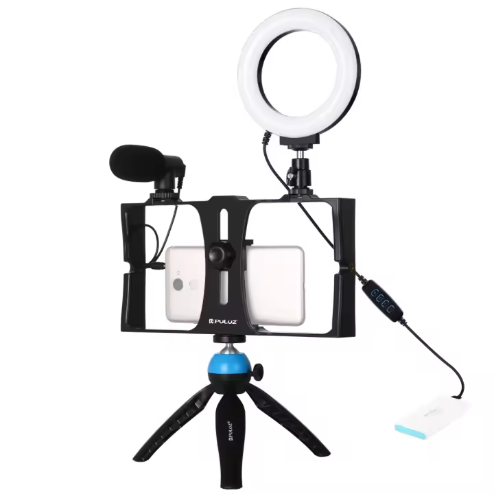 PULUZ 4 en 1 Vlogging Transmisión en vivo Smartphone Video Rig + Kits de luz LED para selfies con anillo de 4,7 pulgadas y 12 cm con micrófono + soporte para trípode + cabezal de trípode con zapata fría para iPhone, Galaxy, Huawei, Xiaomi, HTC, LG, Google - 1