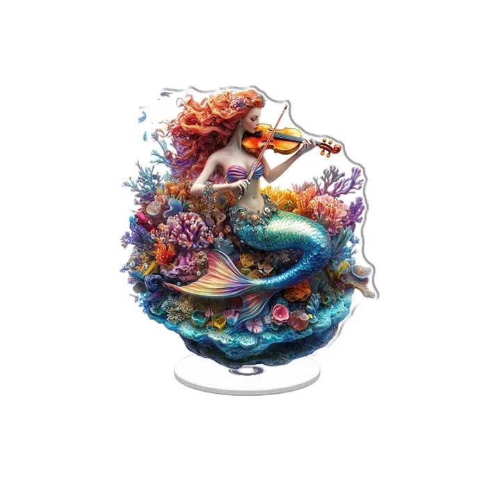 La pantalla acrílica giratoria presenta una encantadora sirena tocando el violín sobre coral rodeada de flores brillantes y criaturas marinas en colores vibrantes. - 1