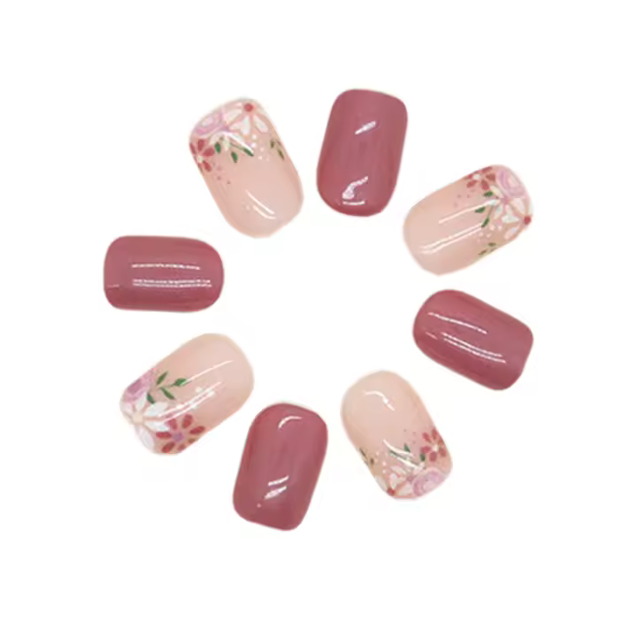 Uñas Falsas Brillantes con Estampado de Flor Vintage Cubierta Completa de Uñas Cortas con Pegamento para Expertas de Salón y Mujeres No Expertas - 1