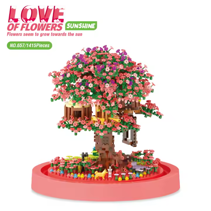 Seasonal Building Block Toy Flower with Dust Cover DIY Treehouse Model Bricks with Light Ornament Romantic Gift for Girlfriend - 1