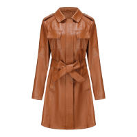 Gabardina cortavientos de piel sintética para mujer, chaquetas con cinturón, abrigo largo medio - details 41