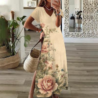 Elegante Vestido de Media Lengua Floral de Girasol Talla Grande para Mujeres Manga Corta - details 7