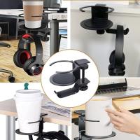 Soporte para auriculares con forma de taza 2 en 1, soporte giratorio de 360 grados para escritorio, soporte para auriculares para juegos, ahorra espacio, negro - details 7