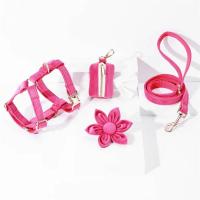 Collar de terciopelo fucsia para perros pequeños, lindo arnés ligero para perros, juego de tirón personalizado para cachorros con flores - details 5