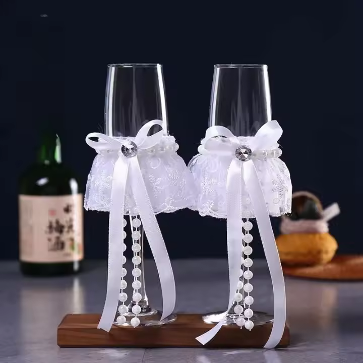 Copas de champán para novio y novia, cinta rosa con copa de diámetro, suministros de boda, decoración, juego de copas de vino - 1