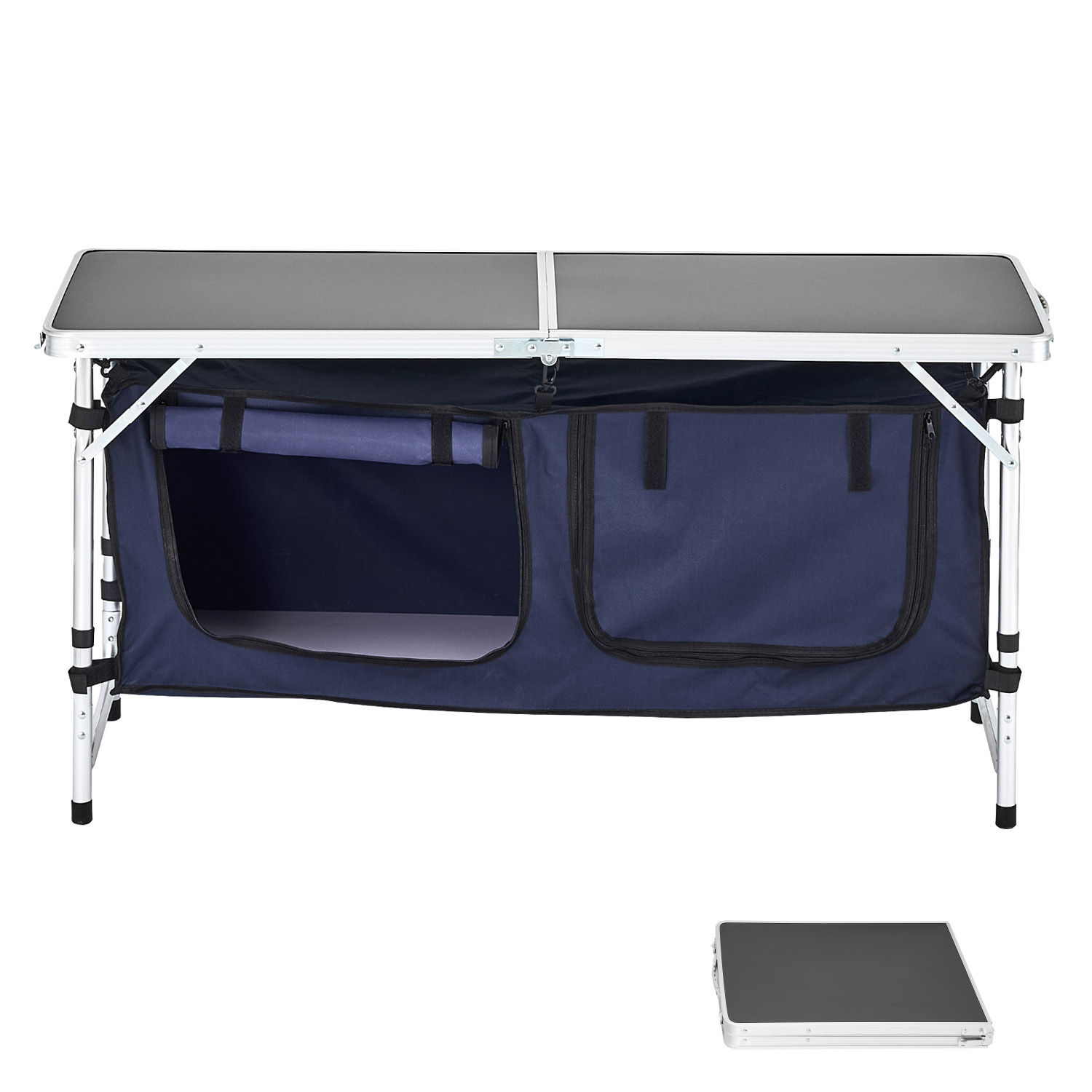 SucceBuy Mesa de cocina para acampar - Mesa plegable para cocinar al aire libre con 3 alturas ajustables. Estación de cocina portátil de aluminio ligero con organizador de almacenamiento y asa de transporte