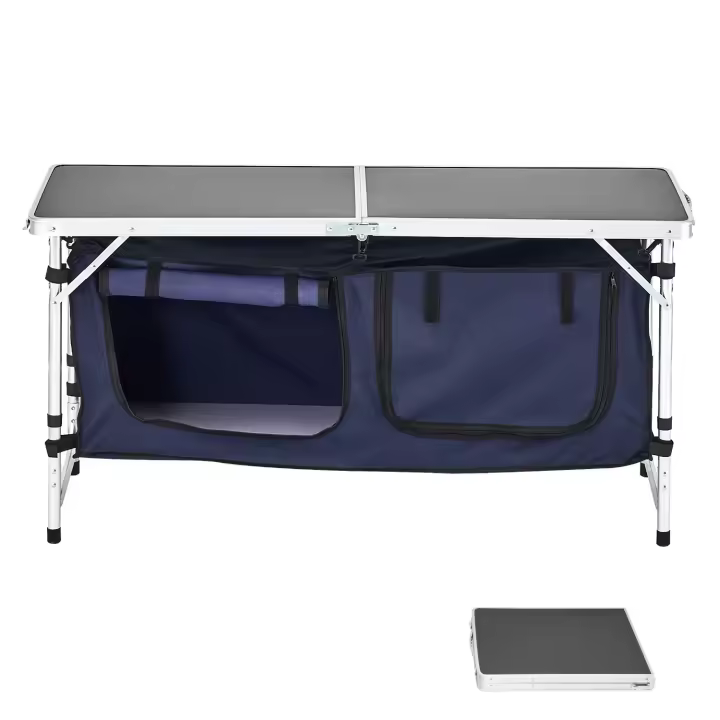 SucceBuy Mesa de cocina para acampar - Mesa plegable para cocinar al aire libre con 3 alturas ajustables. Estación de cocina portátil de aluminio ligero con organizador de almacenamiento y asa de transporte - 1