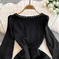 Vestido largo por debajo de la rodilla ajustado Vintage para mujer Otoño Invierno nuevo A-e cuello cuadrado de manga larga Fiesta Club Formal - details 18