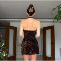 Elegante Vestido de Halter Moda Chic de Cintura Alta para Mujeres Paquete de Lentejuelas con Diseño de Plumas sin Mangas - details 28