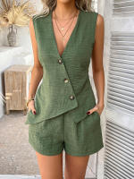 Conjunto de chaleco con botones estilo vacaciones de color sólido casual de primavera verano ropa de mujer. - details 12