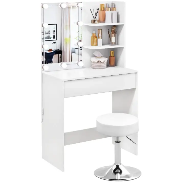 Tocador con espejo de iluminación, taburete de maquillaje, mesa cosmética giratoria de altura ajustable - 1