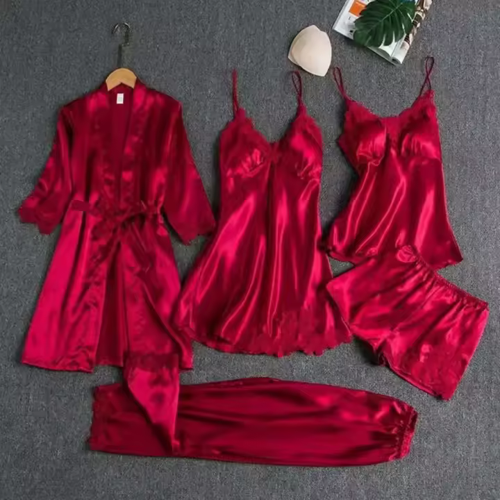 Conjunto de Dormir de Satén para Mujeres de 5 Piezas Bata de Casa ENCE, Monos de Noche, Chaleco, Pantalones - 1