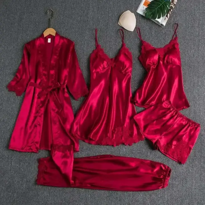 Conjunto de Dormir de Satén para Mujeres de 5 Piezas Bata de Casa ENCE, Monos de Noche, Chaleco, Pantalones - 1