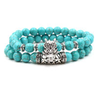 KMVEXO 2 unids/set Color plata Cabeza de Buda Lava esqueleto turquesas cuentas de piedra Natural para Mujeres Hombres pulsera conjunto brazaletes con dijes - details 5