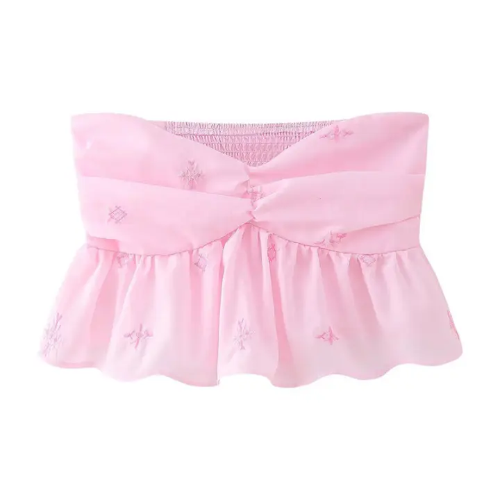 OUWU- Novedad De Verano Para Mujer, Top Sin Tirantes Plisado Bordado, Estilo Corto Reductor De Edad A La Moda Con Bordes Con Volantes - 1