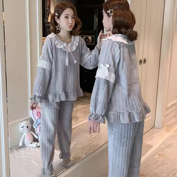 Diseño de lazo agradable, conjuntos de pijamas de invierno para mujer, ropa de dormir cálida de terciopelo polar, ropa de dormir suave y sólida para niñas, ropa de dormir gruesa encantadora para el hogar - 1