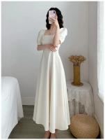 Elegante Vestido Largo Adelgazante para Mujer Manga Abullonada, Cuello Cuadrado, Ligero para el Verano con Falda Blanca Ajustada a la Cintura - details 3