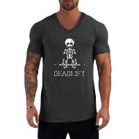 Human Skeleton Deadlift Barbell Gym Cotton V-Neck Short Sleeve T-shirts Mens Summer Breathable Slim Fit Casual Sports T Shirts - details 5