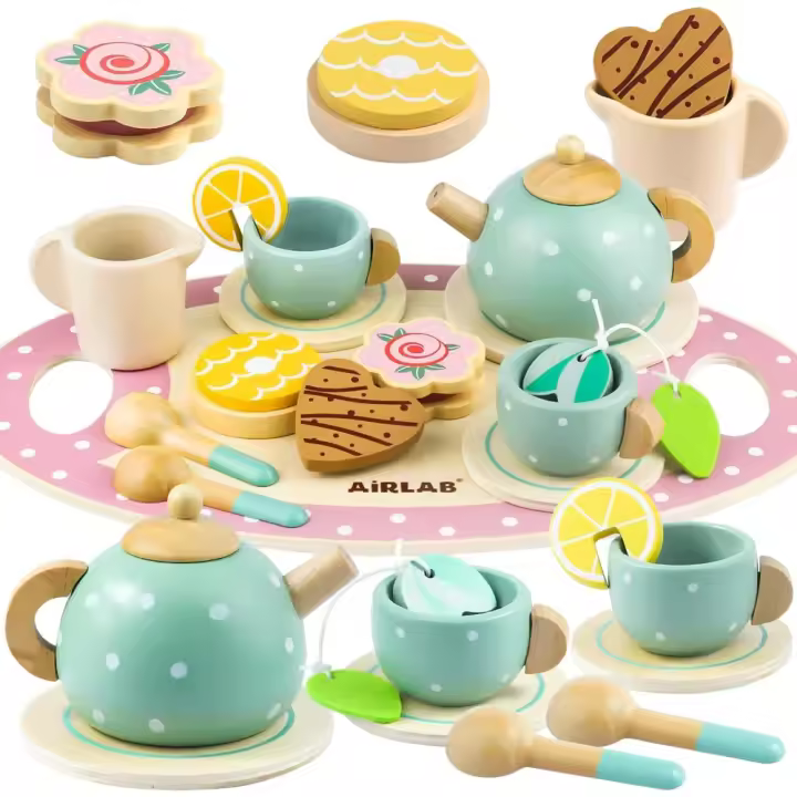 Juegos de Té para Niños Set de Madera de Cocina con Postre y Galletas Regalo de Cumpleaños Perfecto para Niñas y Niños - 1