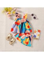 Conjunto de dos piezas de verano para niñas, conjunto de dos piezas con mangas voladoras pequeñas de colores Graffiti bonitos, pantalones cortos - details 1