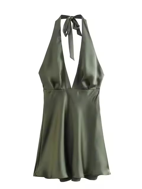 Mini vestido de noche de club de moda de verano para mujer con espalda descubierta y cuello en V de seda satinada - 1