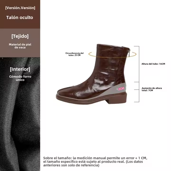 Botas Chelsea plisadas de piel de vaca lavada, botines marrones que aumentan la altura interior. - 1
