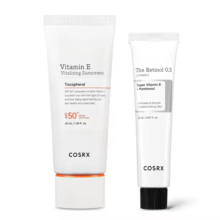 COSRX Ultimate Glow Sun & Night Duo - Protector solar facial vitalizante con vitamina E SPF 50 + crema con retinol al 0,3% - 1