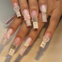 24PCS Uñas Postizas Estilo Europeo Y Americano Con Perlas Y Mariposa Para Uso Extenso En El Día DIY Kit De Manicura - details 0