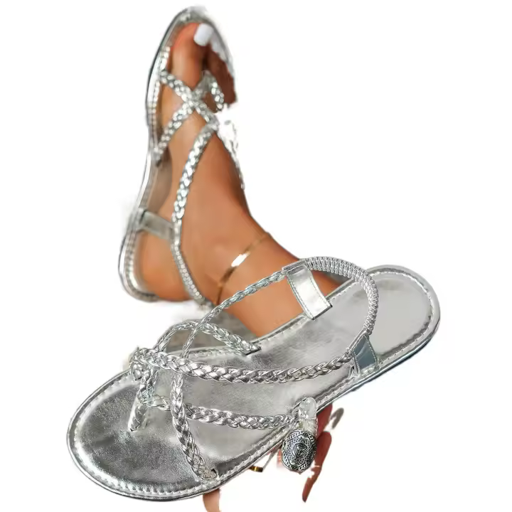 Sandalias planas casuales con punta para mujer 2025 nuevo estilo sandalias de playa romanas tejidas slip-on talla grande - 1