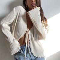Camisas lisas plisadas para mujer, cárdigan acampanada de manga larga con cuello en V, Tops informales para fiesta y calle - details 0