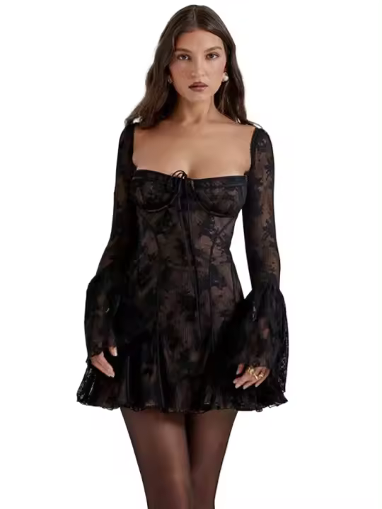 Elegante Vestido Mini de Manga Larga para Mujer Estampado de Otoño-Invierno - 1