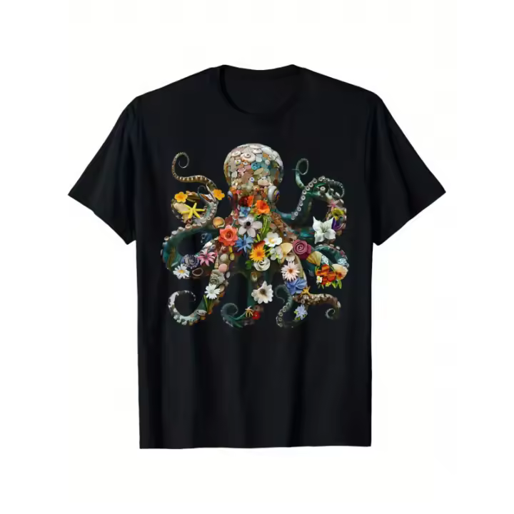 Camiseta con estampado de pulpo y flores - 100% algodón suave, informal, de manga corta, negra, con estampado floral brillante, cómoda y transpirable, tallas S-XXXL - 1