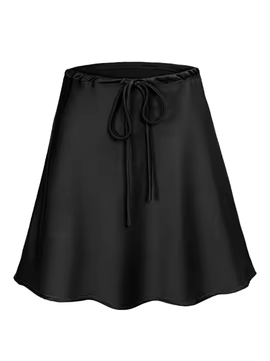 Falda corta de mujer, minifaldas de satén para mujer, falda corta de seda beige con cordón, cintura alta, color negro - 1