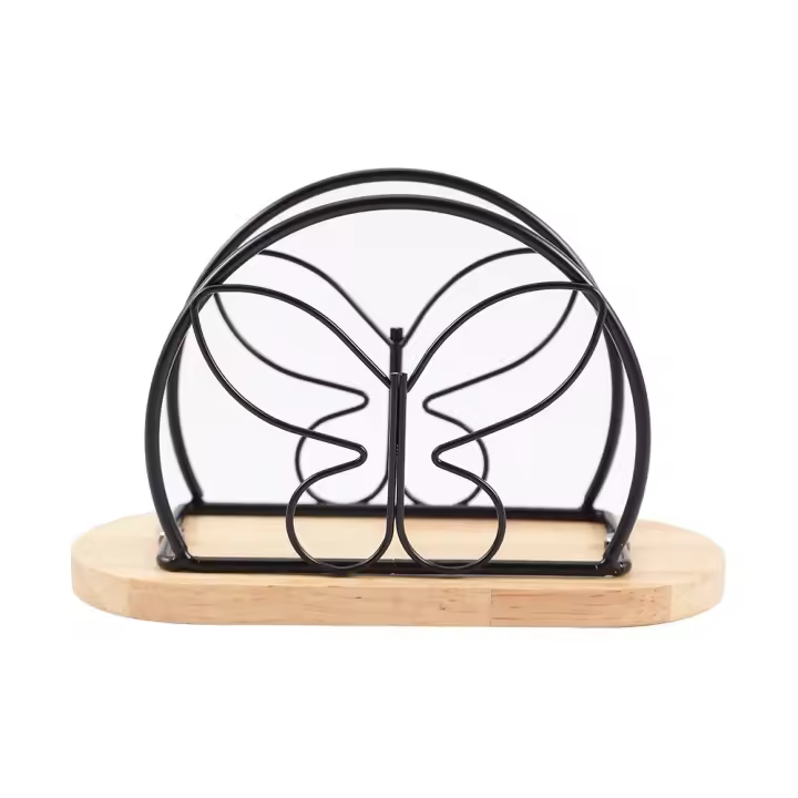 Servilleteros de pie de hierro modernos, soporte decorativo de papel tisú negro/dorado con Base de madera, dispensador de servilletas para cocina - 1