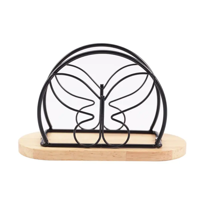 Servilleteros de pie de hierro modernos, soporte decorativo de papel tisú negro/dorado con Base de madera, dispensador de servilletas para cocina - 1