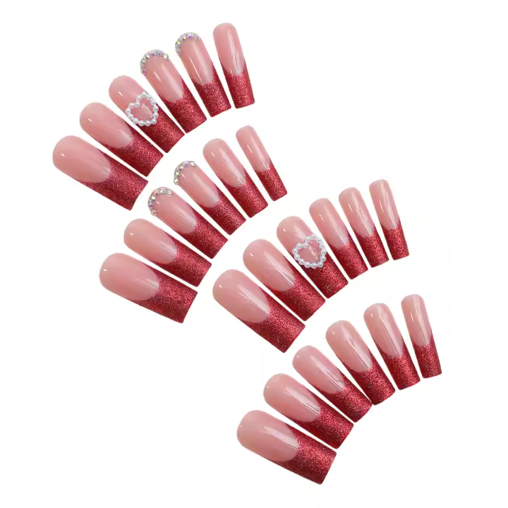 Uñas postizas largas de color rosa con purpurina roja, decoración de uñas naturales irrompibles, uso simple para combinar con vestido de chica caliente - 1