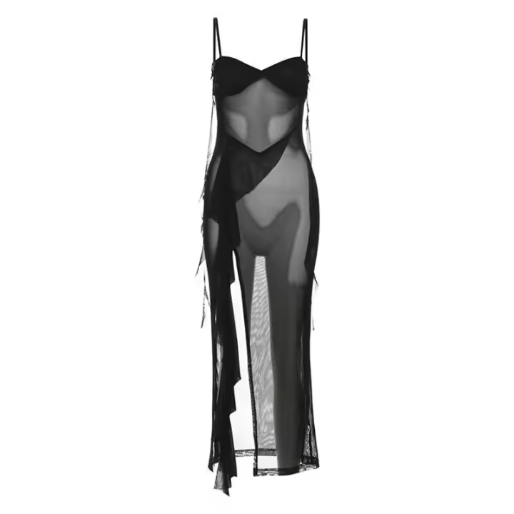 BUNO-Vestidos largos transparentes de malla para mujer, cintas sexys lisas, tirantes con abertura lateral, Vestidos atractivos, bata de vacaciones para mujer - 1