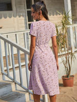 Vestido de playa de fiesta de línea A elegante dividido con cuello en V de manga corta bohemio con estampado floral de verano para mujer - details 9