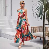 Novedad de verano, falda para mujer, vestido largo estampado con vuelo grande sin mangas y cuello colgante - details 5
