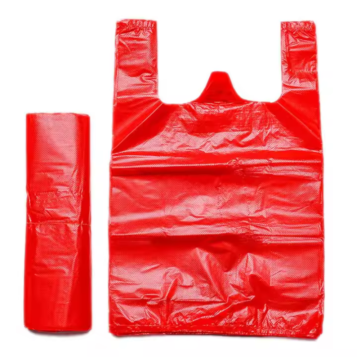 Bolsas de plástico rojas de 50 piezas con asa, bolsa de chaleco grueso para supermercado, tienda de comestibles, regalo, almacenamiento de compras, bolsa de basura de cocina - 1