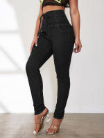 Cintura alta pies pequeños mujer cintura elástica elástico ajuste de cadera pantalones sexy con cordones pies pequeños jeans - details 6